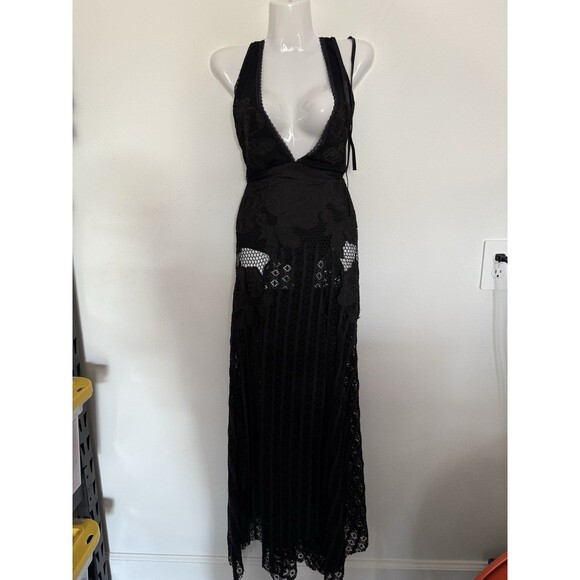 Free People Revolve Celeste Maxi Dress 12 Black Womens Halter Embroidered NWT - Picture 3 of 14